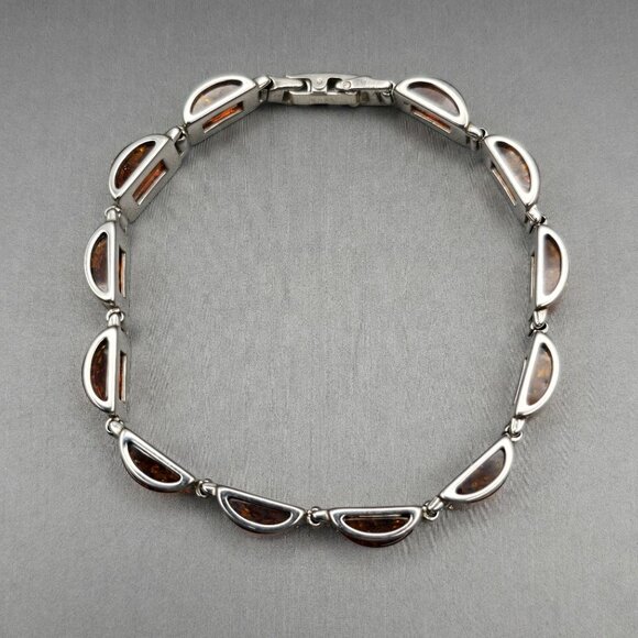 Sterling Silver & Amber Link Bracelet 8" Snap Clasp Czech Republic 21.94g Signed - Picture 3 of 11